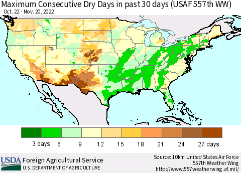 United States Maximum Consecutive Dry Days in past 30 days (USAF 557th WW) 11/20/2022 Thematic Map For 11/14/2022 - 11/20/2022