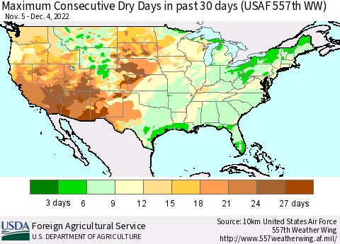 United States Maximum Consecutive Dry Days in past 30 days (USAF 557th WW) 12/04/2022 Thematic Map For 11/28/2022 - 12/4/2022