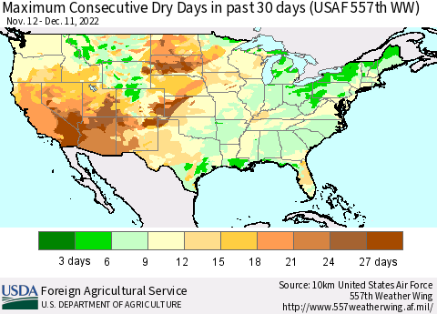 United States Maximum Consecutive Dry Days in past 30 days (USAF 557th WW) 12/11/2022 Thematic Map For 12/5/2022 - 12/11/2022