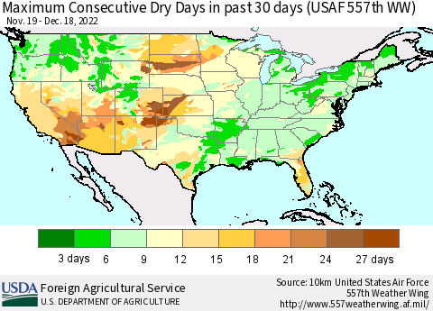 United States Maximum Consecutive Dry Days in past 30 days (USAF 557th WW) 12/18/2022 Thematic Map For 12/12/2022 - 12/18/2022