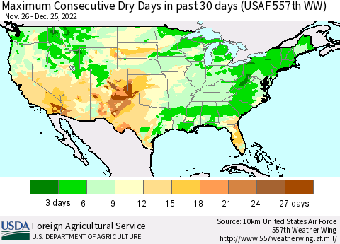 United States Maximum Consecutive Dry Days in past 30 days (USAF 557th WW) 12/25/2022 Thematic Map For 12/19/2022 - 12/25/2022