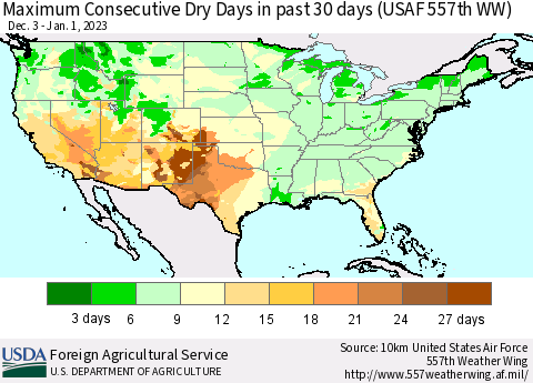 United States Maximum Consecutive Dry Days in past 30 days (USAF 557th WW) 01/01/2023 Thematic Map For 12/26/2022 - 1/1/2023
