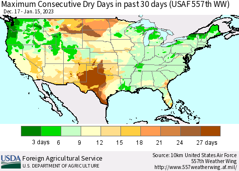 United States Maximum Consecutive Dry Days in past 30 days (USAF 557th WW) 01/15/2023 Thematic Map For 1/9/2023 - 1/15/2023