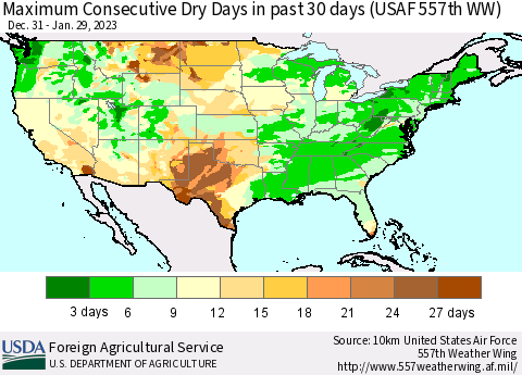 United States Maximum Consecutive Dry Days in past 30 days (USAF 557th WW) 01/29/2023 Thematic Map For 1/23/2023 - 1/29/2023