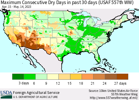 United States Maximum Consecutive Dry Days in past 30 days (USAF 557th WW) 05/14/2023 Thematic Map For 5/8/2023 - 5/14/2023