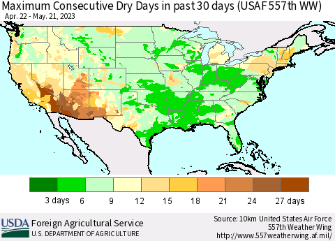 United States Maximum Consecutive Dry Days in past 30 days (USAF 557th WW) 05/21/2023 Thematic Map For 5/15/2023 - 5/21/2023