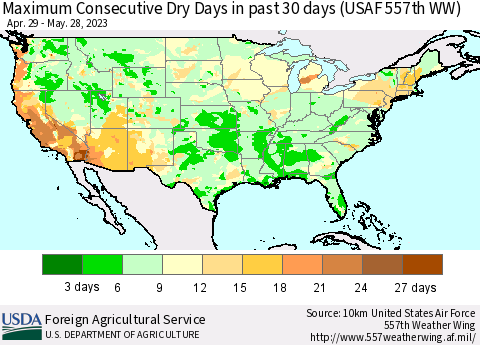 United States Maximum Consecutive Dry Days in past 30 days (USAF 557th WW) 05/28/2023 Thematic Map For 5/22/2023 - 5/28/2023