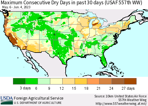 United States Maximum Consecutive Dry Days in past 30 days (USAF 557th WW) 06/04/2023 Thematic Map For 5/29/2023 - 6/4/2023