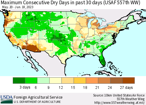 United States Maximum Consecutive Dry Days in past 30 days (USAF 557th WW) 06/18/2023 Thematic Map For 6/12/2023 - 6/18/2023