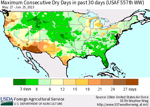 United States Maximum Consecutive Dry Days in past 30 days (USAF 557th WW) 06/25/2023 Thematic Map For 6/19/2023 - 6/25/2023