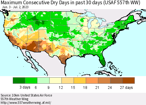 United States Maximum Consecutive Dry Days in past 30 days (USAF 557th WW) 07/02/2023 Thematic Map For 6/26/2023 - 7/2/2023
