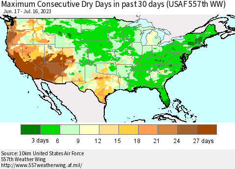 United States Maximum Consecutive Dry Days in past 30 days (USAF 557th WW) 07/16/2023 Thematic Map For 7/10/2023 - 7/16/2023