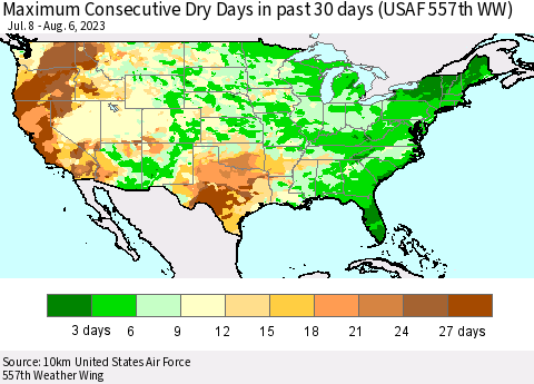 United States Maximum Consecutive Dry Days in past 30 days (USAF 557th WW) 08/06/2023 Thematic Map For 7/31/2023 - 8/6/2023
