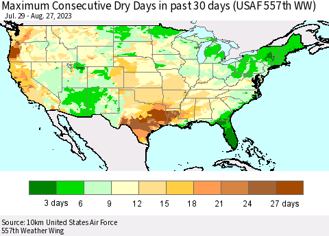 United States Maximum Consecutive Dry Days in past 30 days (USAF 557th WW) 08/27/2023 Thematic Map For 8/21/2023 - 8/27/2023