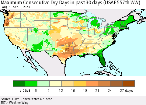 United States Maximum Consecutive Dry Days in past 30 days (USAF 557th WW) 09/03/2023 Thematic Map For 8/28/2023 - 9/3/2023