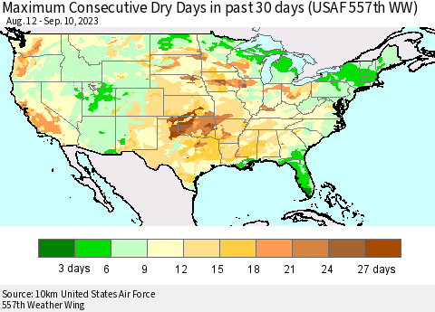 United States Maximum Consecutive Dry Days in past 30 days (USAF 557th WW) 09/10/2023 Thematic Map For 9/4/2023 - 9/10/2023