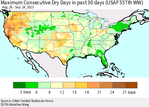 United States Maximum Consecutive Dry Days in past 30 days (USAF 557th WW) 09/24/2023 Thematic Map For 9/18/2023 - 9/24/2023