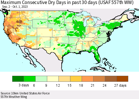 United States Maximum Consecutive Dry Days in past 30 days (USAF 557th WW) 10/01/2023 Thematic Map For 9/25/2023 - 10/1/2023