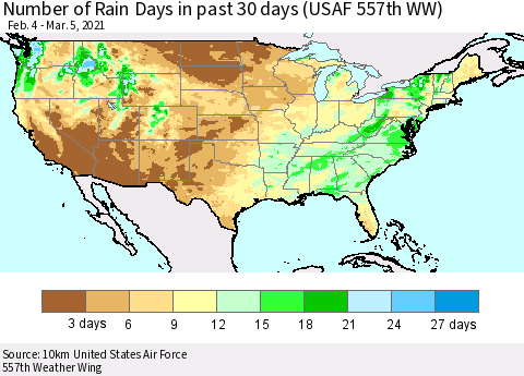 United States Number of Rain Days in past 30 days (USAF 557th WW) 03/05/2021 Thematic Map For 3/1/2021 - 3/5/2021