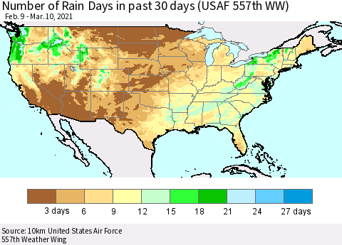 United States Number of Rain Days in past 30 days (USAF 557th WW) 03/10/2021 Thematic Map For 3/6/2021 - 3/10/2021