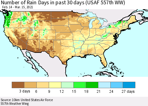 United States Number of Rain Days in past 30 days (USAF 557th WW) 03/15/2021 Thematic Map For 3/11/2021 - 3/15/2021