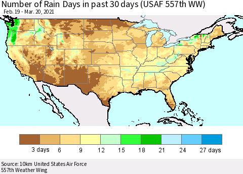 United States Number of Rain Days in past 30 days (USAF 557th WW) 03/20/2021 Thematic Map For 3/16/2021 - 3/20/2021