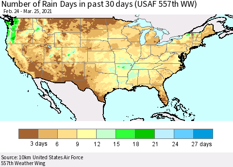 United States Number of Rain Days in past 30 days (USAF 557th WW) 03/25/2021 Thematic Map For 3/21/2021 - 3/25/2021