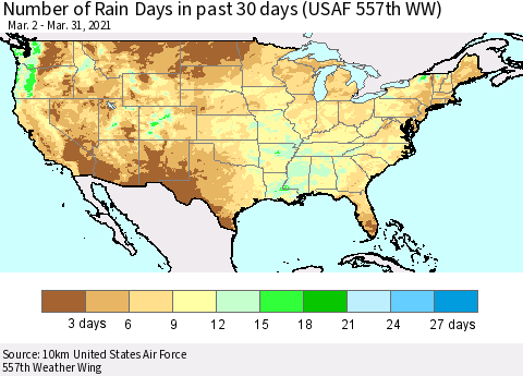 United States Number of Rain Days in past 30 days (USAF 557th WW) 03/31/2021 Thematic Map For 3/26/2021 - 3/31/2021