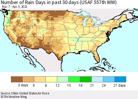 United States Number of Rain Days in past 30 days (USAF 557th WW) 04/05/2021 Thematic Map For 4/1/2021 - 4/5/2021
