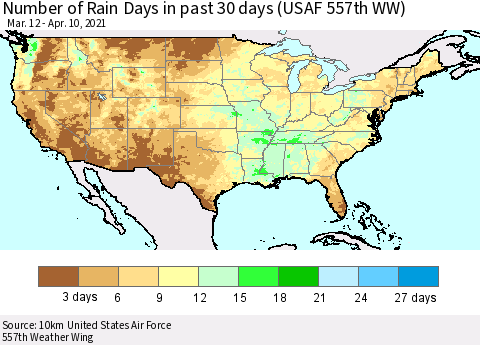 United States Number of Rain Days in past 30 days (USAF 557th WW) 04/10/2021 Thematic Map For 4/6/2021 - 4/10/2021
