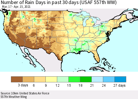 United States Number of Rain Days in past 30 days (USAF 557th WW) 04/15/2021 Thematic Map For 4/11/2021 - 4/15/2021