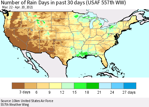 United States Number of Rain Days in past 30 days (USAF 557th WW) 04/20/2021 Thematic Map For 4/16/2021 - 4/20/2021