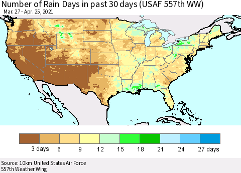 United States Number of Rain Days in past 30 days (USAF 557th WW) 04/25/2021 Thematic Map For 4/21/2021 - 4/25/2021