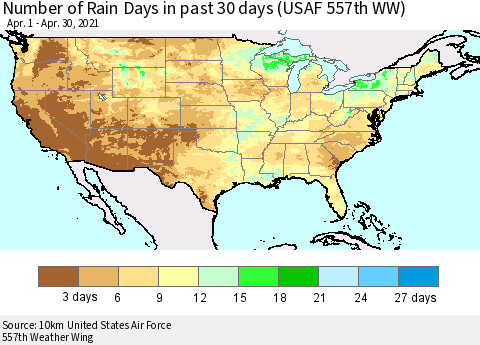 United States Number of Rain Days in past 30 days (USAF 557th WW) 04/30/2021 Thematic Map For 4/26/2021 - 4/30/2021