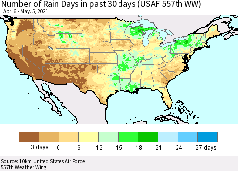 United States Number of Rain Days in past 30 days (USAF 557th WW) 05/05/2021 Thematic Map For 5/1/2021 - 5/5/2021