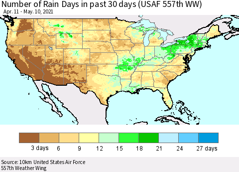 United States Number of Rain Days in past 30 days (USAF 557th WW) 05/10/2021 Thematic Map For 5/6/2021 - 5/10/2021