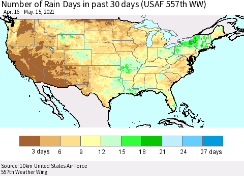 United States Number of Rain Days in past 30 days (USAF 557th WW) 05/15/2021 Thematic Map For 5/11/2021 - 5/15/2021