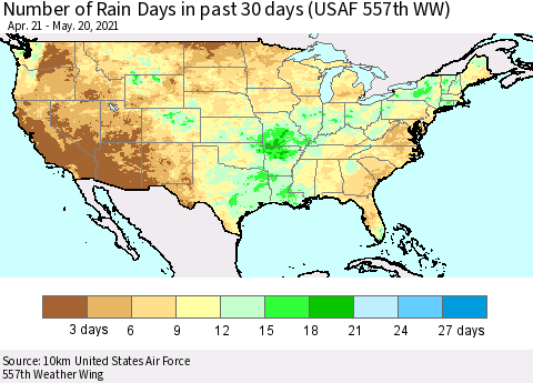 United States Number of Rain Days in past 30 days (USAF 557th WW) 05/20/2021 Thematic Map For 5/16/2021 - 5/20/2021