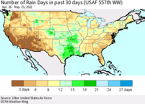 United States Number of Rain Days in past 30 days (USAF 557th WW) 05/25/2021 Thematic Map For 5/21/2021 - 5/25/2021
