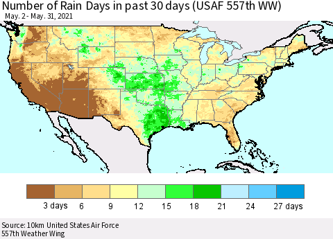 United States Number of Rain Days in past 30 days (USAF 557th WW) 05/31/2021 Thematic Map For 5/26/2021 - 5/31/2021