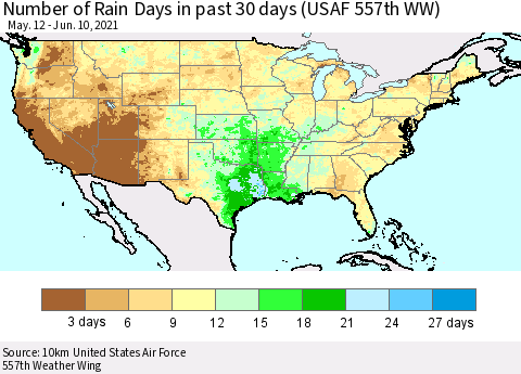 United States Number of Rain Days in past 30 days (USAF 557th WW) 06/10/2021 Thematic Map For 6/6/2021 - 6/10/2021