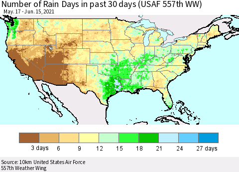 United States Number of Rain Days in past 30 days (USAF 557th WW) 06/15/2021 Thematic Map For 6/11/2021 - 6/15/2021