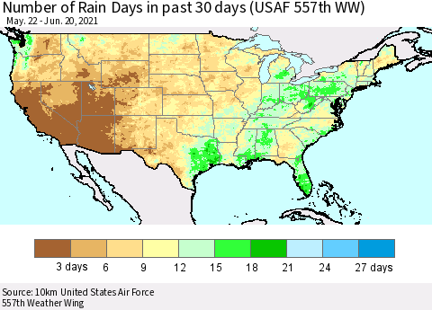 United States Number of Rain Days in past 30 days (USAF 557th WW) 06/20/2021 Thematic Map For 6/16/2021 - 6/20/2021