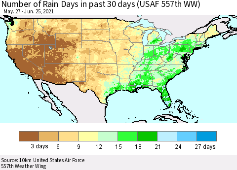 United States Number of Rain Days in past 30 days (USAF 557th WW) 06/25/2021 Thematic Map For 6/21/2021 - 6/25/2021