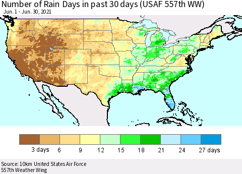 United States Number of Rain Days in past 30 days (USAF 557th WW) 06/30/2021 Thematic Map For 6/26/2021 - 6/30/2021
