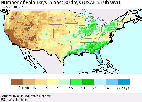 United States Number of Rain Days in past 30 days (USAF 557th WW) 07/05/2021 Thematic Map For 7/1/2021 - 7/5/2021