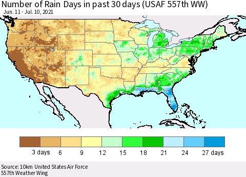 United States Number of Rain Days in past 30 days (USAF 557th WW) 07/10/2021 Thematic Map For 7/6/2021 - 7/10/2021