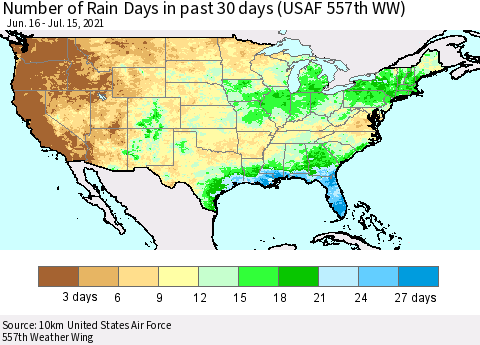 United States Number of Rain Days in past 30 days (USAF 557th WW) 07/15/2021 Thematic Map For 7/11/2021 - 7/15/2021