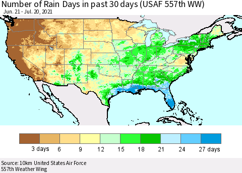United States Number of Rain Days in past 30 days (USAF 557th WW) 07/20/2021 Thematic Map For 7/16/2021 - 7/20/2021
