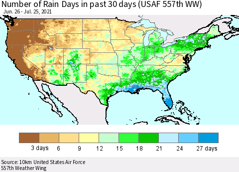 United States Number of Rain Days in past 30 days (USAF 557th WW) 07/25/2021 Thematic Map For 7/21/2021 - 7/25/2021